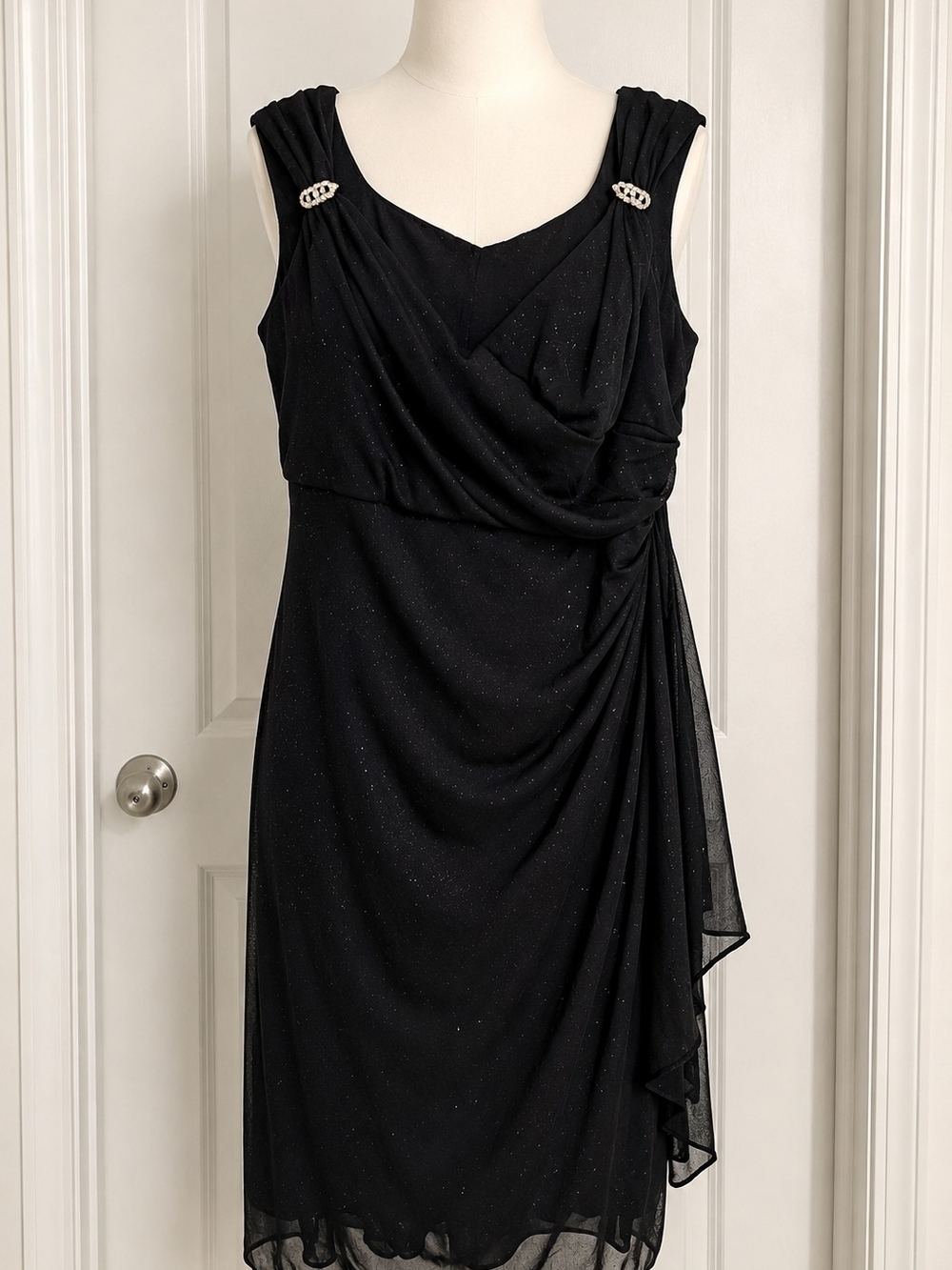 R&M Richards Black Sparkle Rhinestone Draped Dress Plus Size 14W